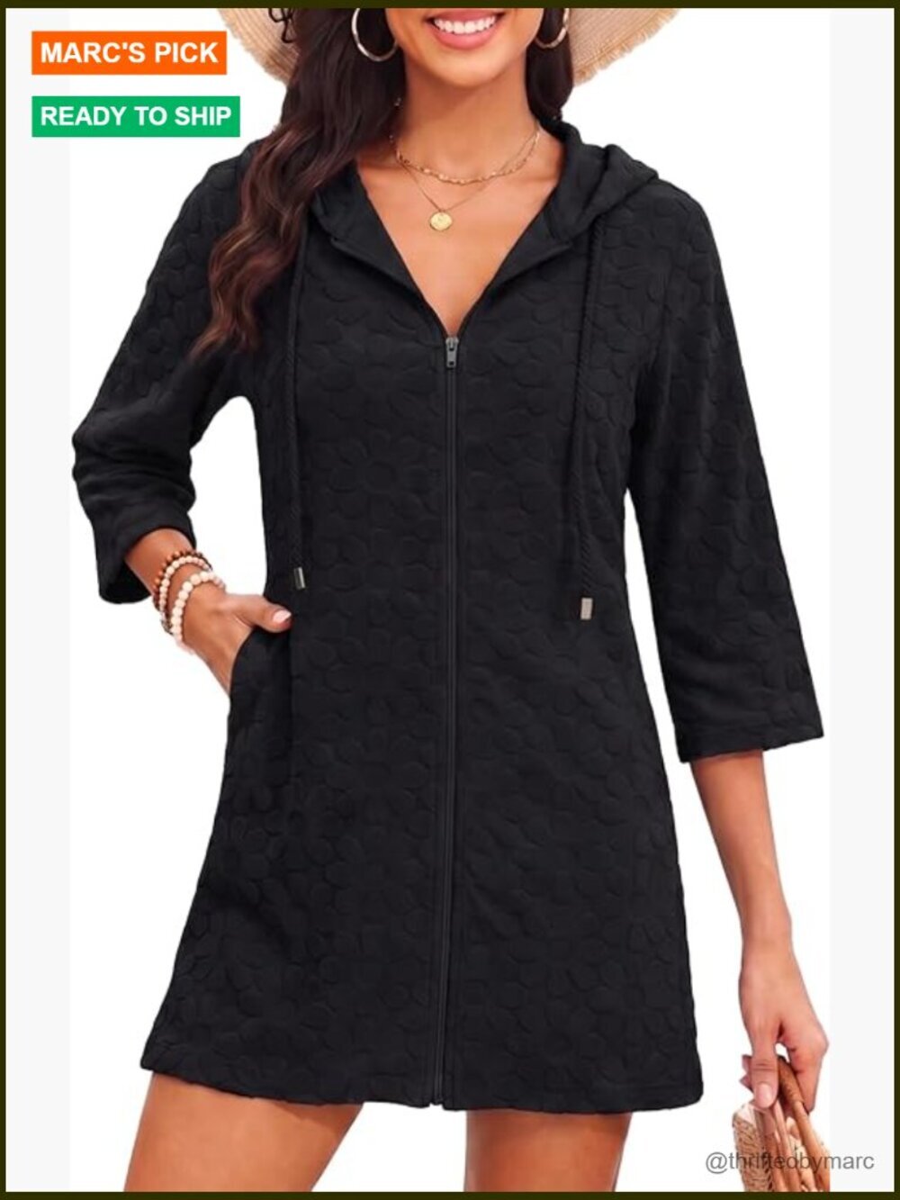 Terry Cloth Hooded Zip Cover Up with Pockets Long Sleeve Beach Swimsuit Cover